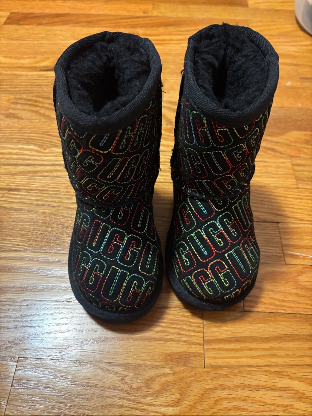 UGG Black Kids Boots with Rainbow Logo Stitching